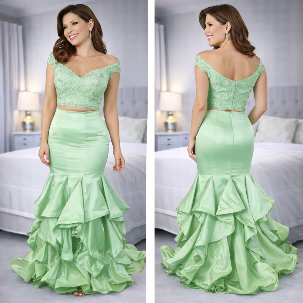 Val Stefani Light Green Lace Two Piece Formal Mermaid Gown $375